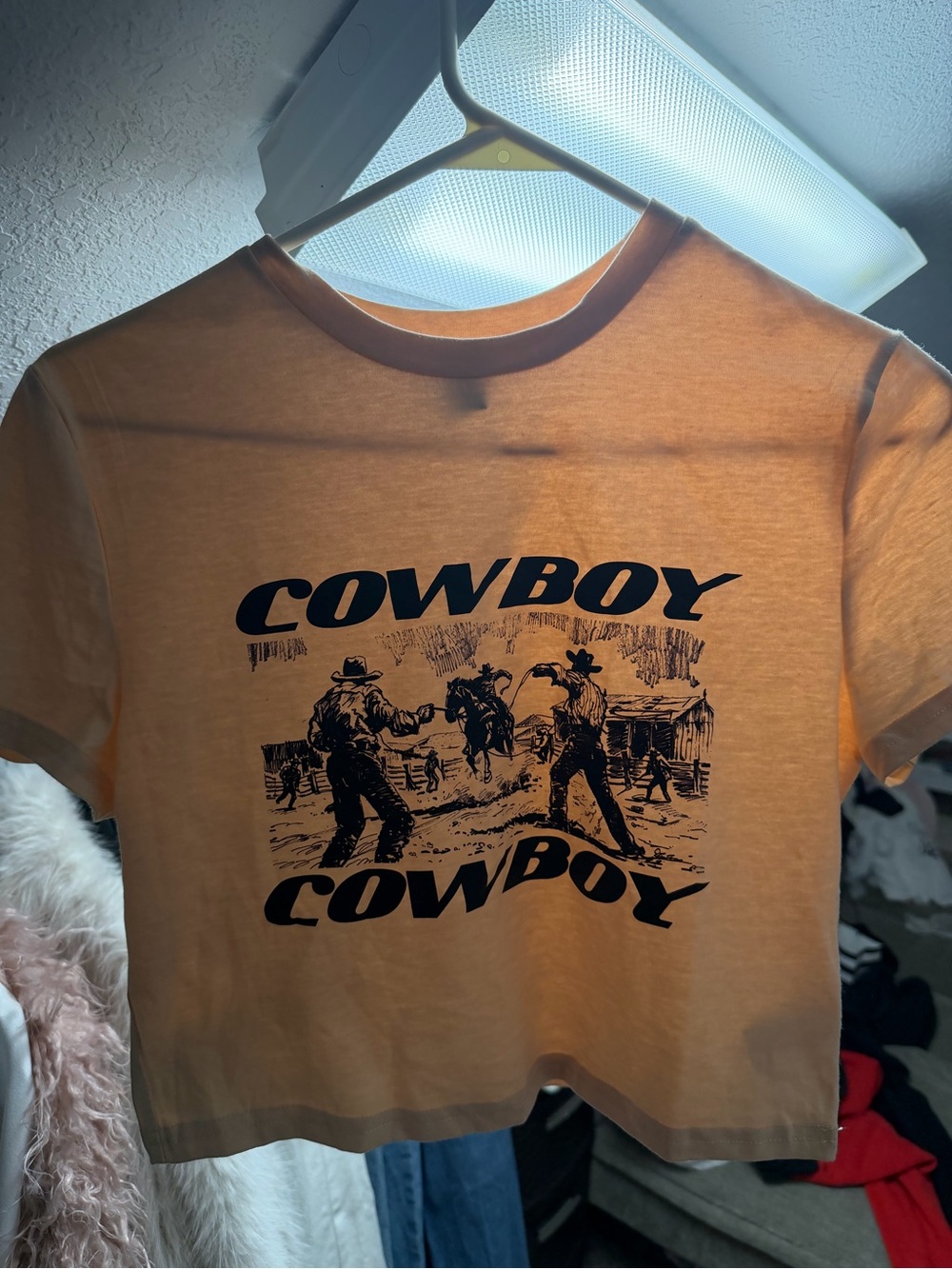 SHEIN Orange Graphic 'Cowboy' Crop Tee